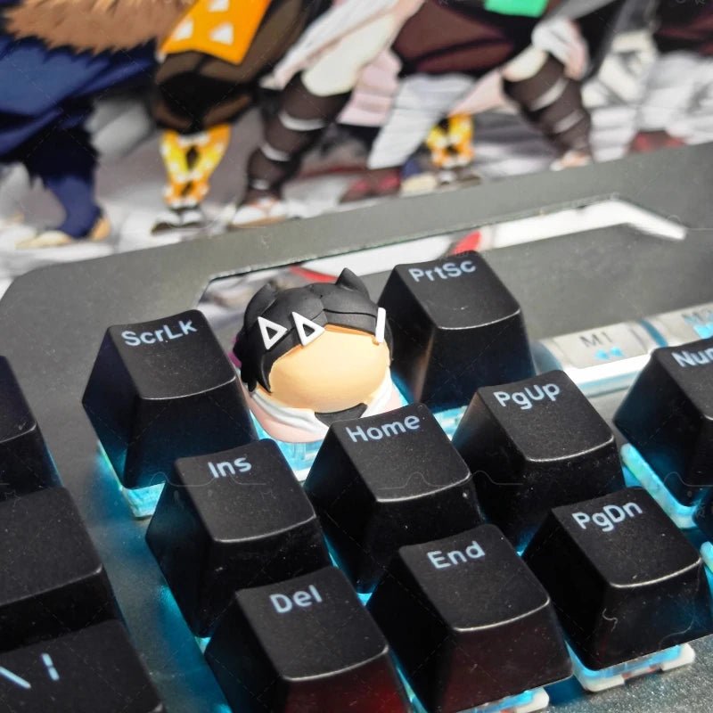 Gaming keyboard keycaps with gray triangle-eye custom key above Home, surrounded by black labels