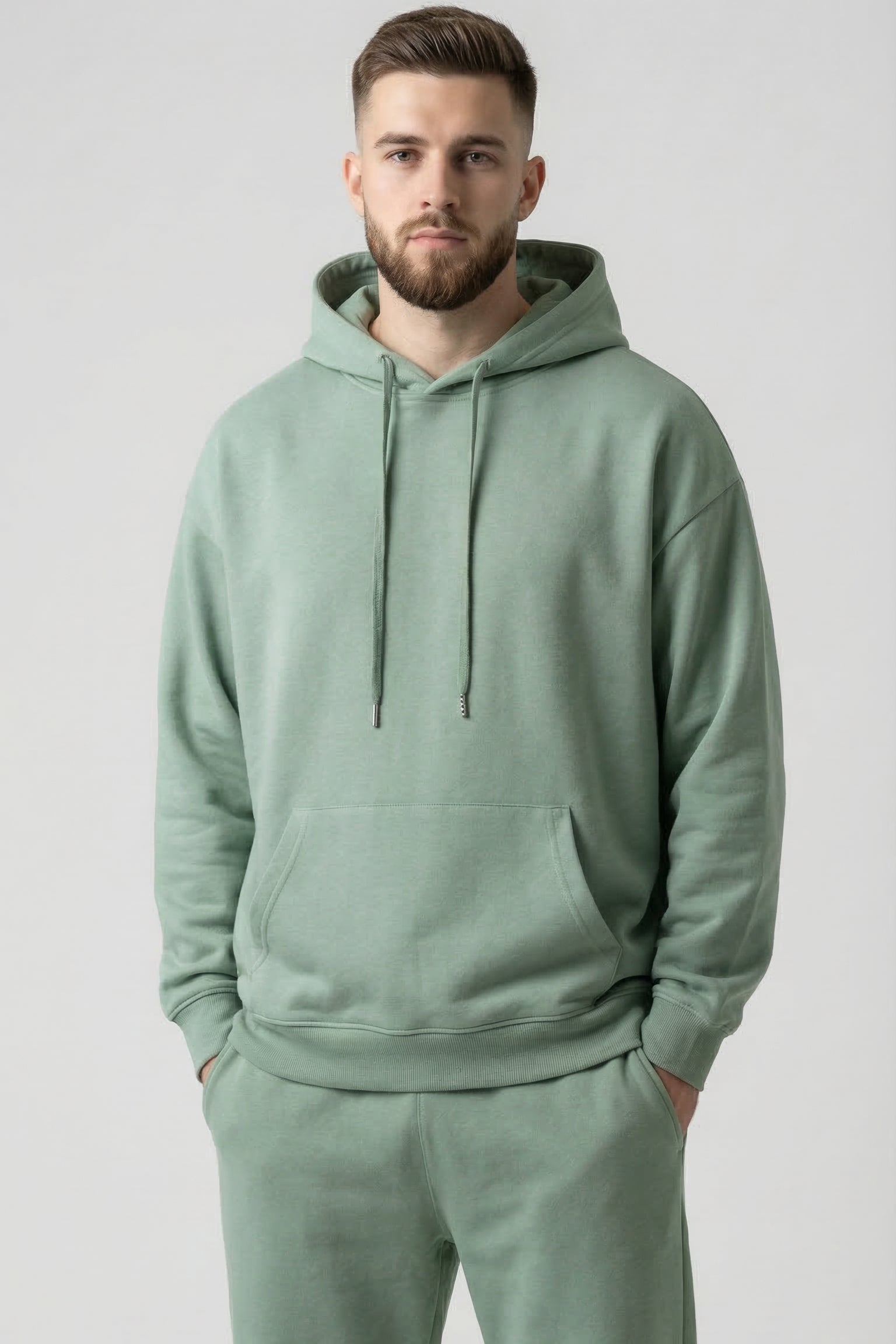 Man wearing a light green hoodie and pants on a plain background