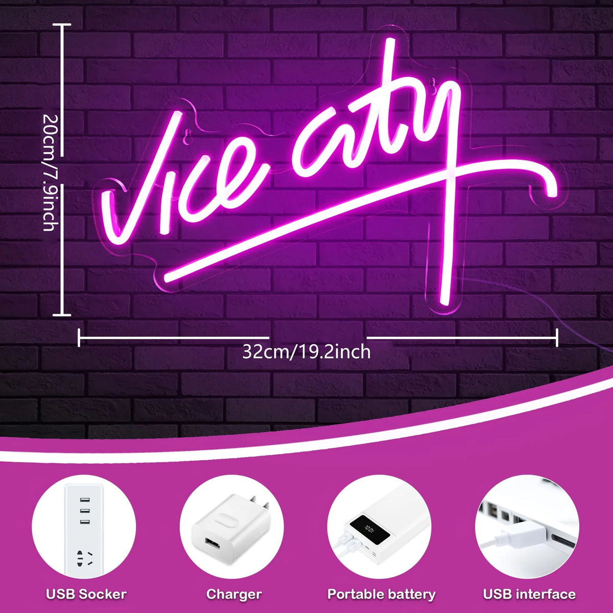 Neon sign with 'Vice City' text on a brick wall background, showing dimensions and connectivity options.