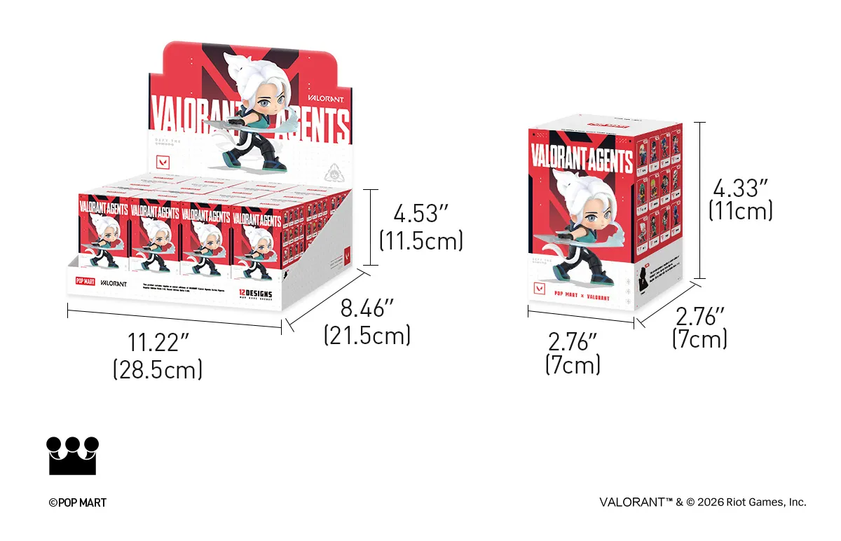 A dimension diagram showing two boxes of ValorAgents collectible figures on a white background, with measurements labeled in inches and centimeters. The left box is a larger display-style retail box, and the right box is a single-pack style box.