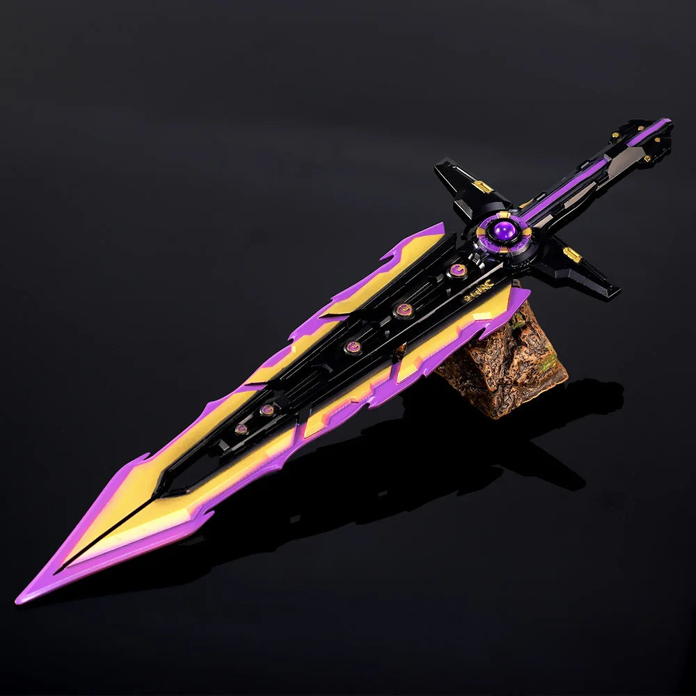 Chaos Blade toy replica angled display, black body with purple and gold camo lines