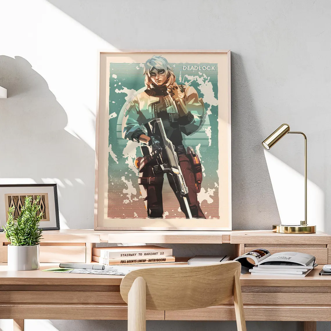 Deadlock Valorant vintage poster in light wood frame, character aiming rifle