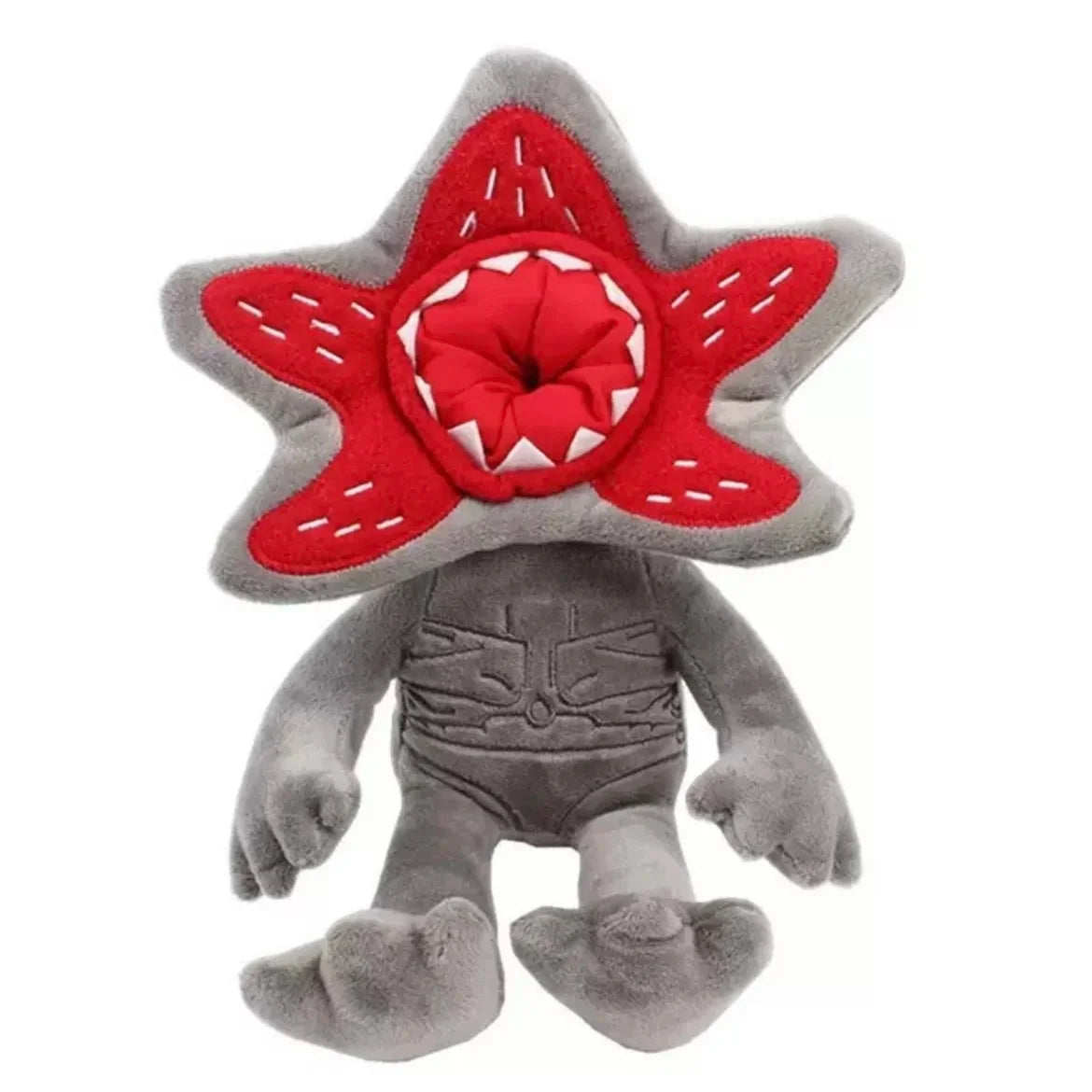 Gray plush character doll with red star hood and stitched white detailing