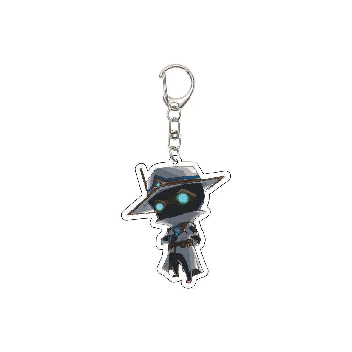 Acrylic cartoon character keychain with blue glowing eyes and silver clasp chain