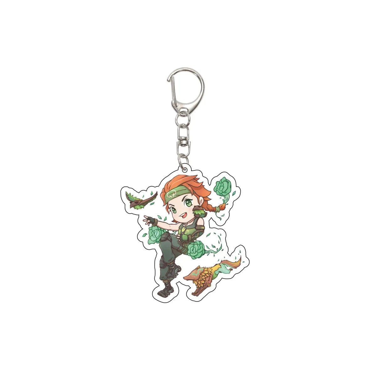 Acrylic keychain charm with cartoon agent tossing green energy, green and orange