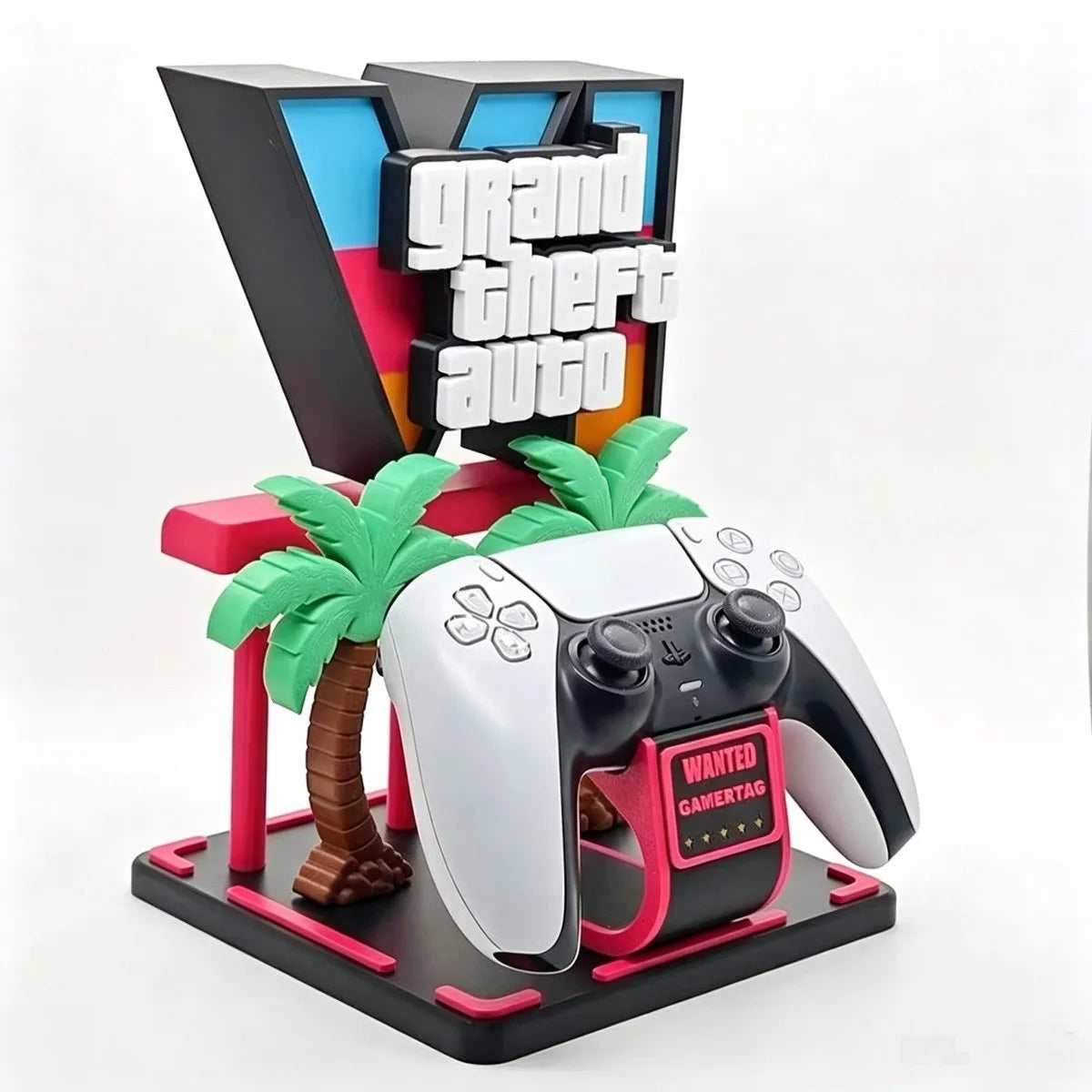 Gaming controller holder ornament with white controller on dark base, green palm trees and “Wanted” card
