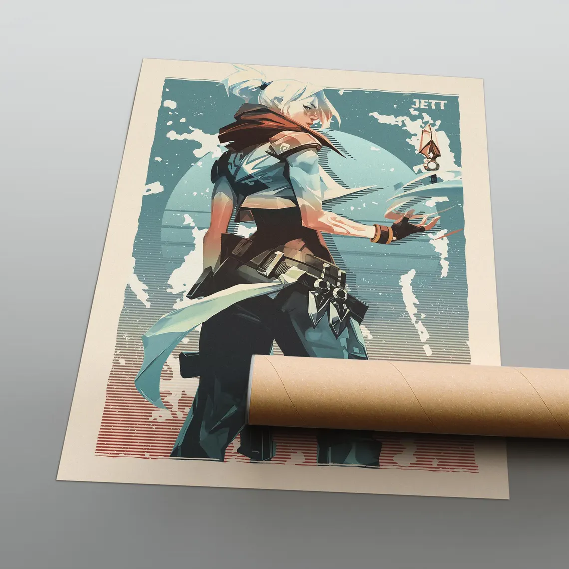 Vintage Jett game character poster, teal and beige graphic art, no frame