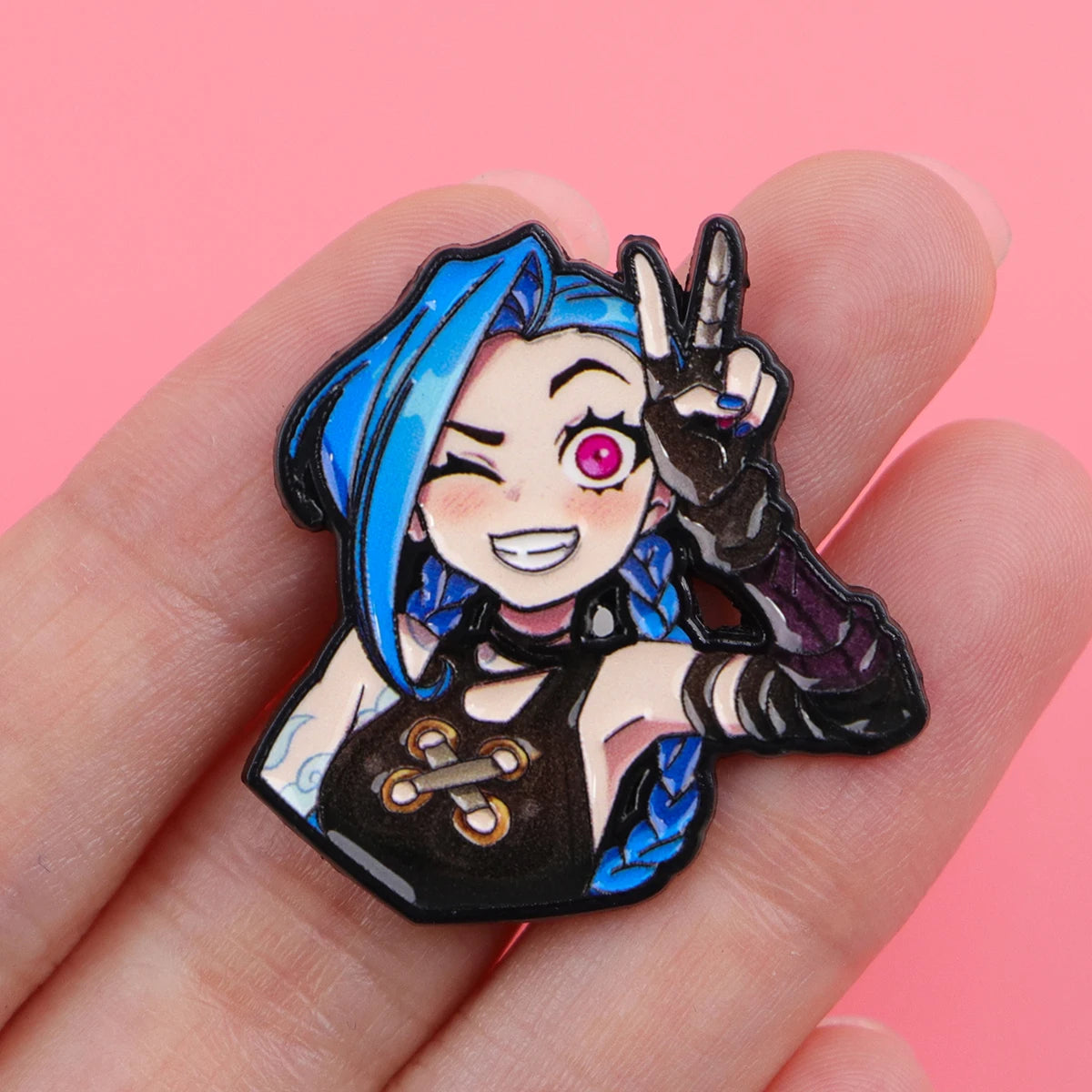 Playful Jinx Enamel Pin – Arcane-Inspired Winking Lapel Brooch