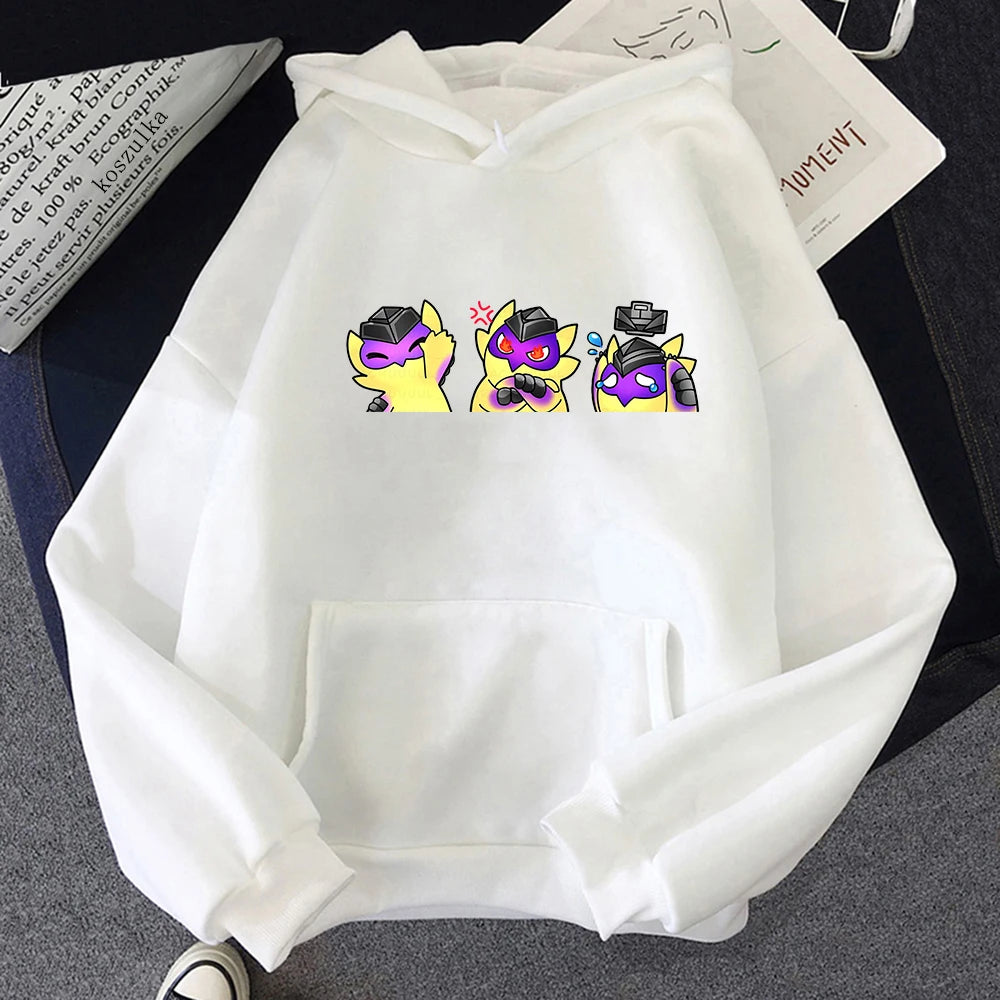 White hoodie with front kangaroo pocket, hood, and colorful wingman graphic print