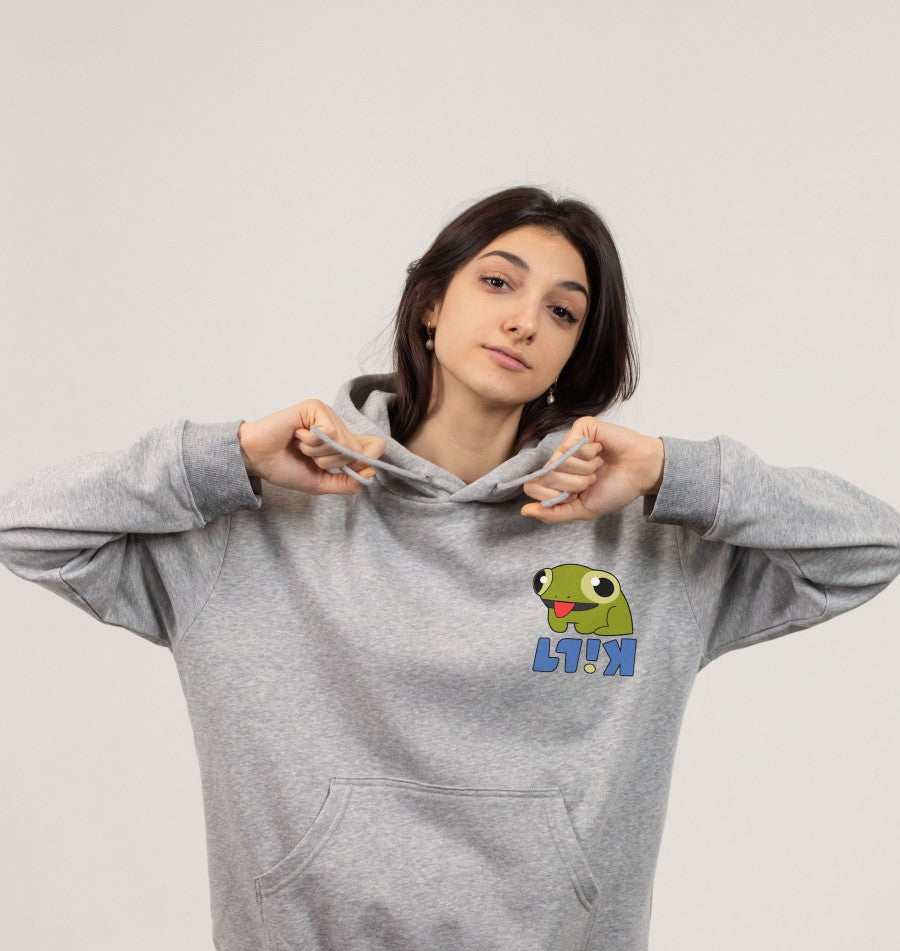 Light grey pullover hoodie with hood, kangaroo pocket, and green frog logo.
