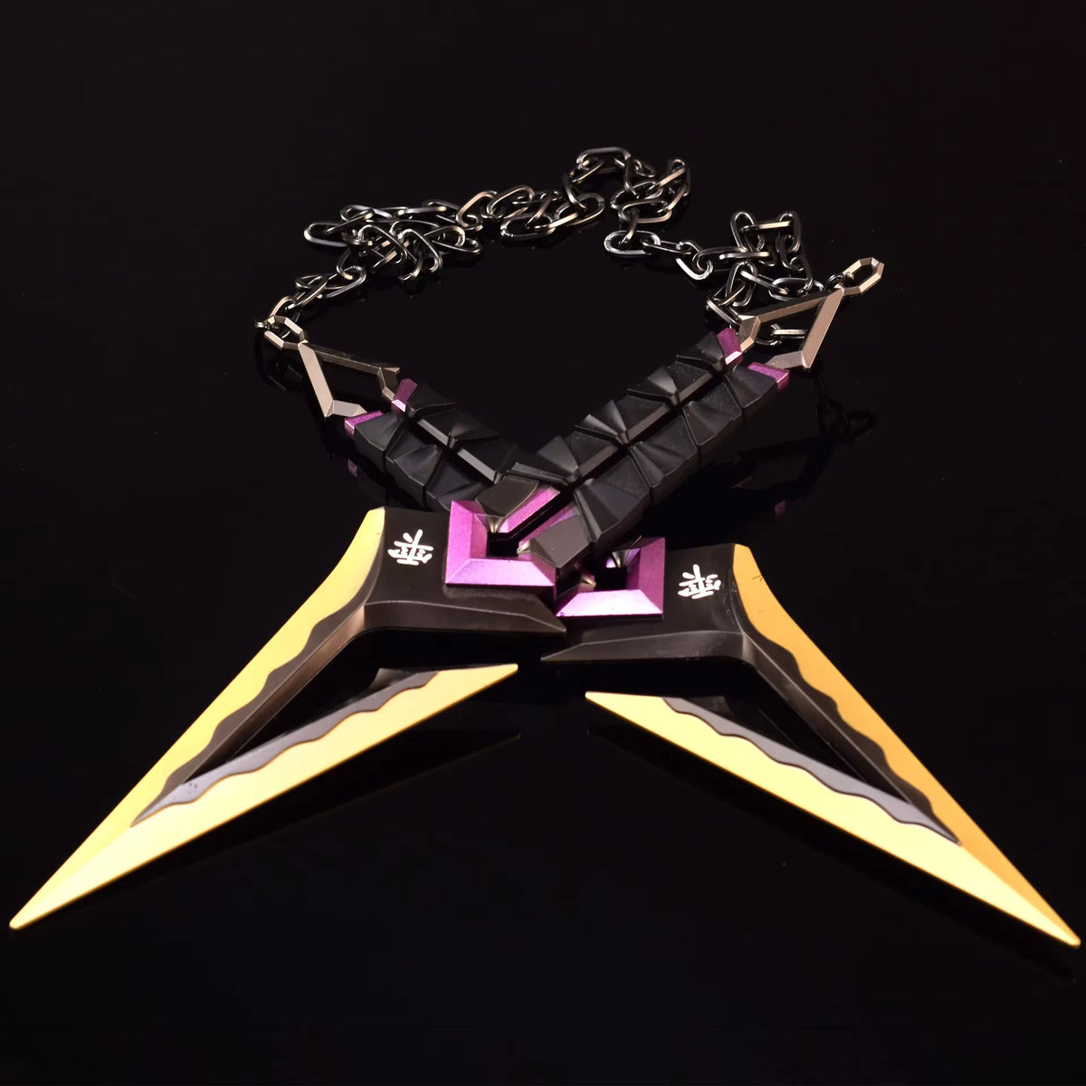 Kuronami VALORANT knife keychain, black base with purple accents and gold tips