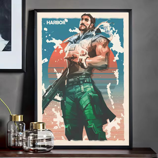 Framed Valorant character poster featuring Harbor in tactical armor, teal and orange artwork.