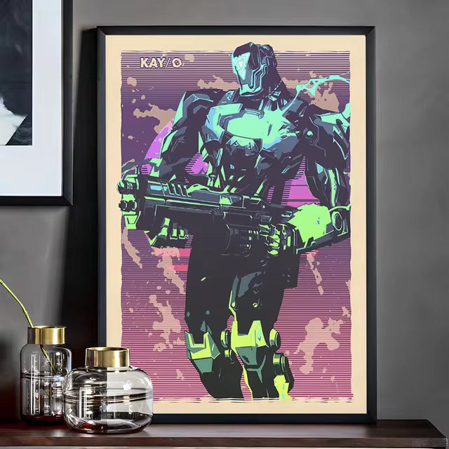 Framed KAY/O character poster with robotic figure, teal and neon pop-art colors