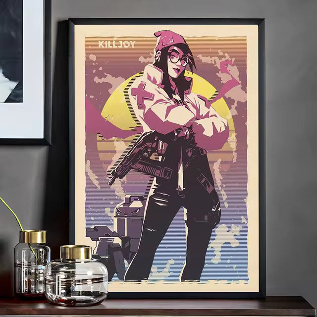 Framed Valorant character poster featuring Killjoy, holding a weapon, vibrant retro artwork.