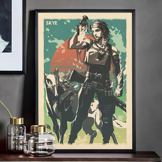 Framed Valorant character poster featuring Skye, two characters and tactical gear in green art.