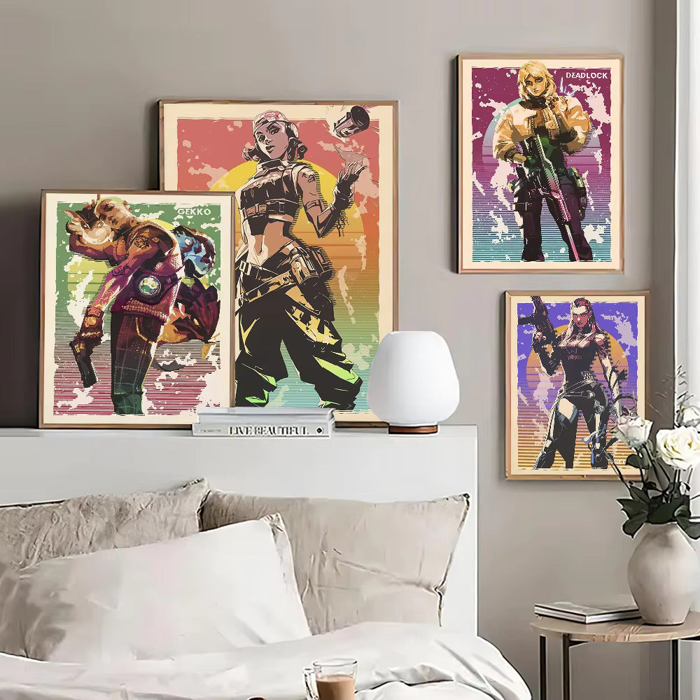 Set of framed Valorant character posters with colorful pop-art character artwork