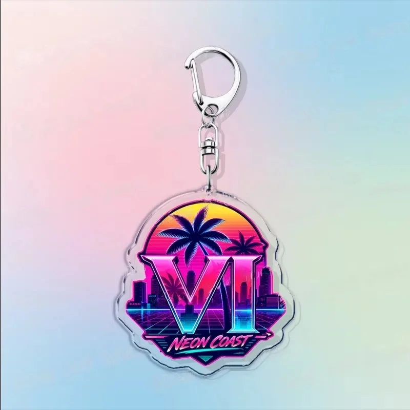 Acrylic keychain shaped like a crest with “NEON COAST” title