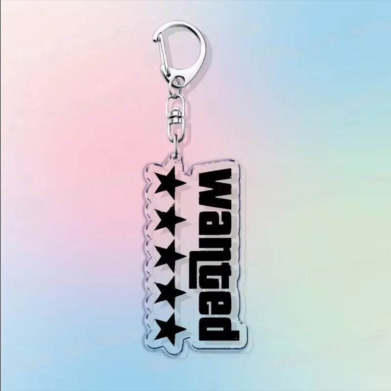 Silver hook acrylic keychain with “VICE CITY” text and star icons in black and white.