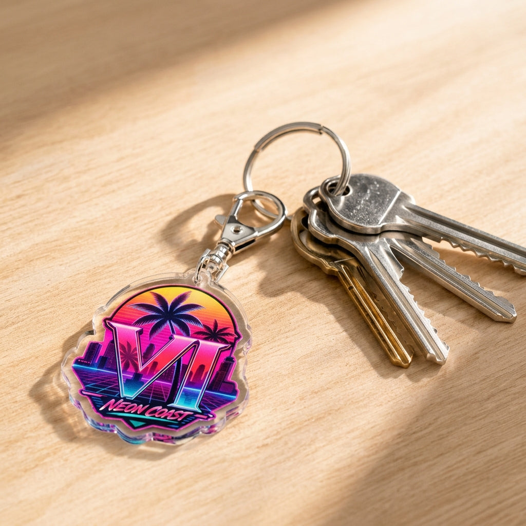 Neon Coast palm sunset acrylic keychain with metal keyring and clasp