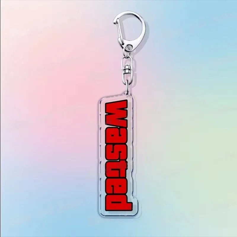 Acrylic keychain with a clear tag and bold red vertical lettering design