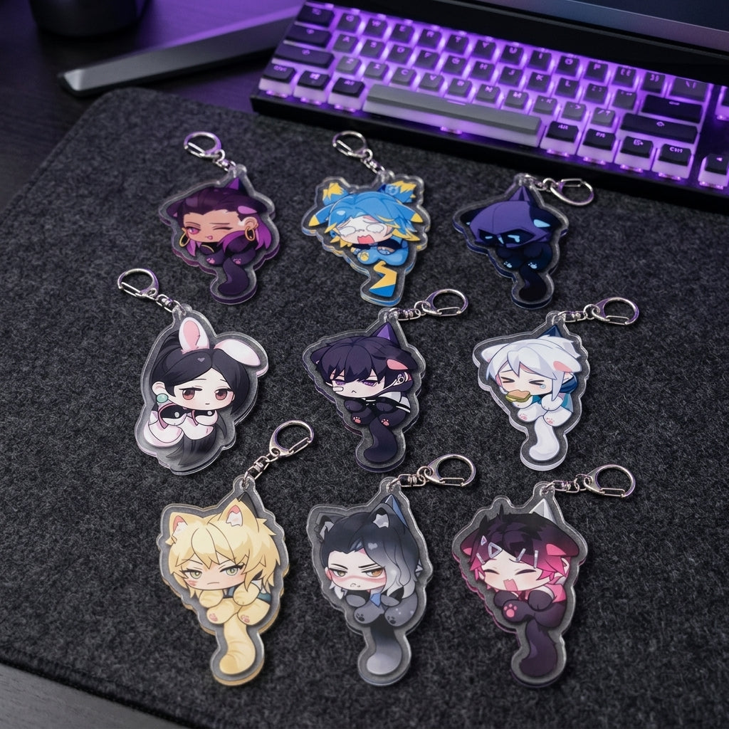 Chibi cat ear acrylic keychains set with multiple agent character figures and metal key rings