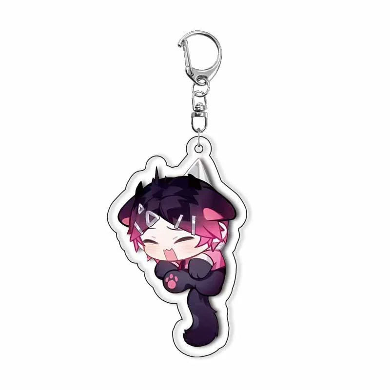 Chibi cat ear acrylic keychain with purple-haired anime character and metal key ring