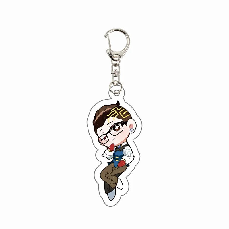 Chibi agent acrylic keychain charm with glasses, brown hair, and red tongue