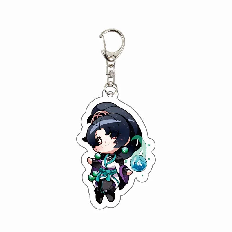 Chibi agent acrylic keychain charm with hood and teal accessories, releasing blue energy