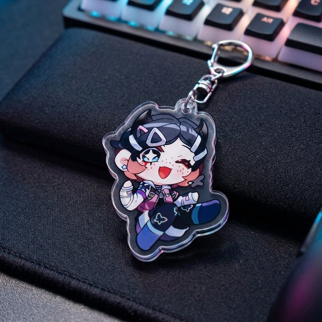 Purple and black chibi agent acrylic keychain charm with metal keyring