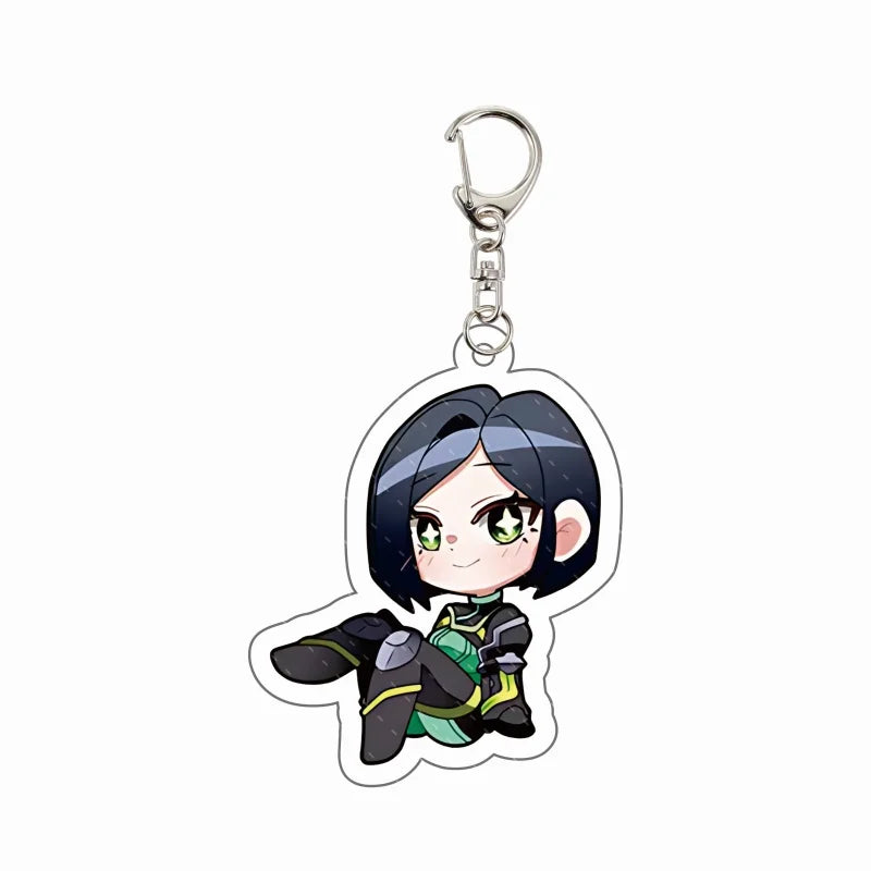 Chibi agent acrylic keychain charm with dark bob hair and green visor accessories