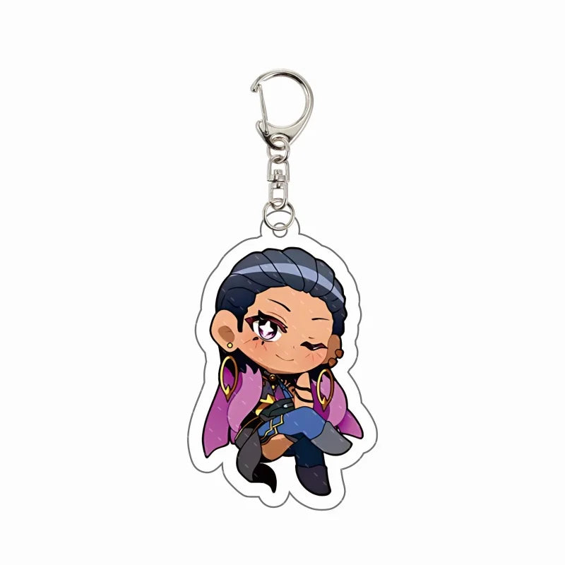 Chibi agent acrylic keychain charm with dark hair, purple accents, and gold hoop earrings