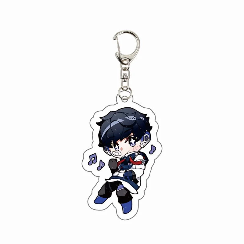 Chibi agent acrylic keychain charm with dark hair, blue suit, and small music icon