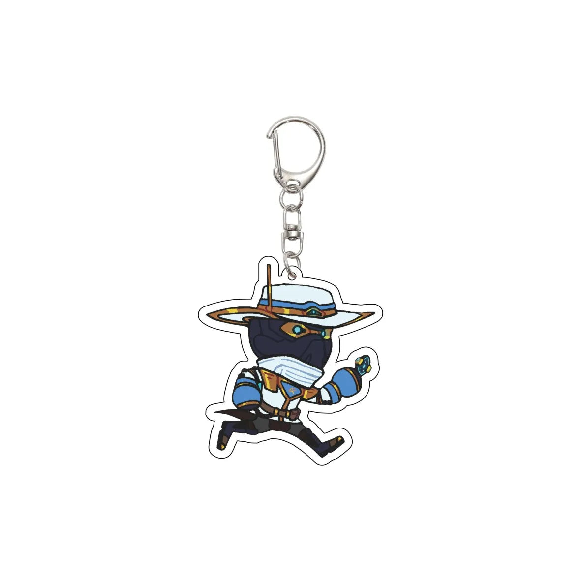 Acrylic chibi character keychain with a wide-brim hat and blue outfit