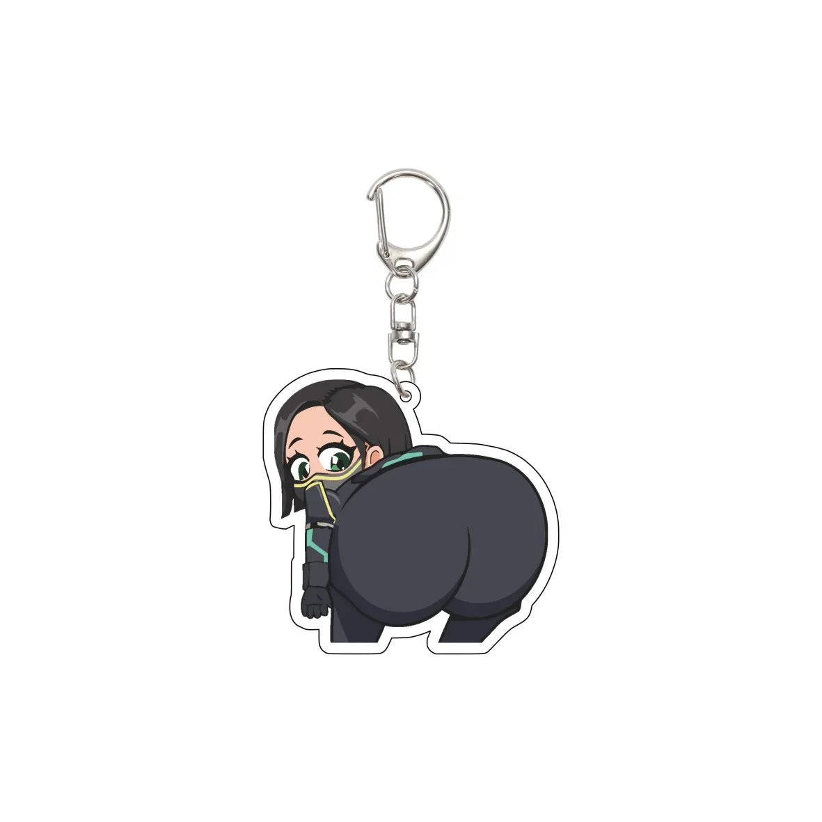 Acrylic chibi character keychain with black outfit and green goggles