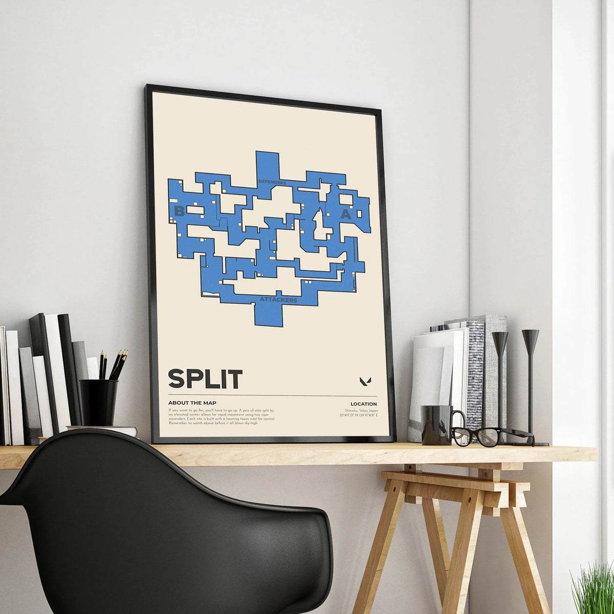 Framed blue map wall art canvas print with SPLIT design and minimalist caption text