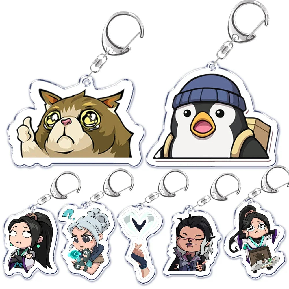 Acrylic character keychains with metal rings, featuring multiple cartoon spray designs