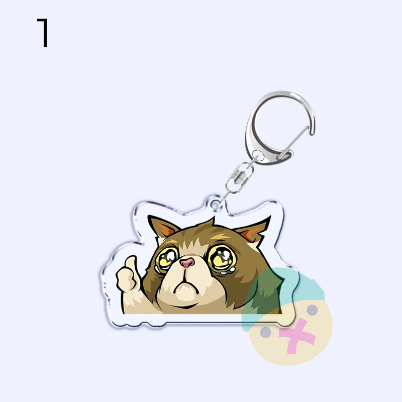 Acrylic cat character keychain with wide eyes, attached to a silver metal key ring