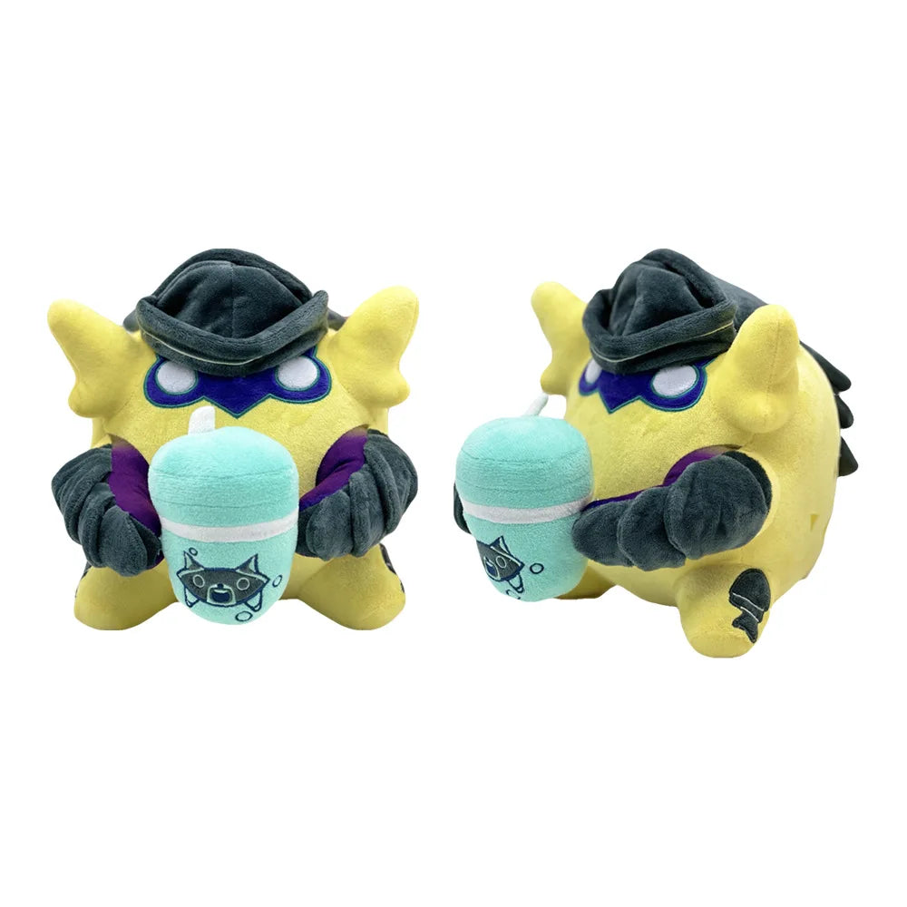 Pair of yellow plush toys with dark hats, mint faces, and purple accents.