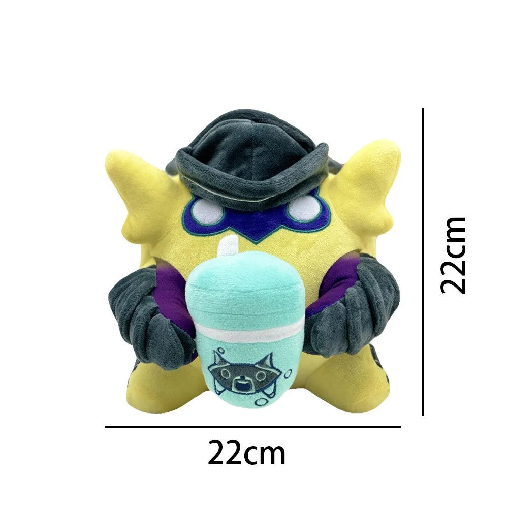 Yellow plush creature with blue goggles and teal drink pouch; 22 cm tall