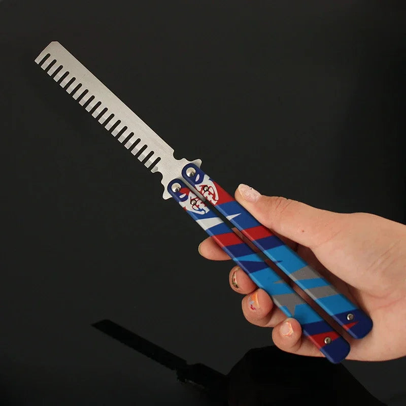 Blue and red patterned folding comb knife in hand with visible serrated teeth