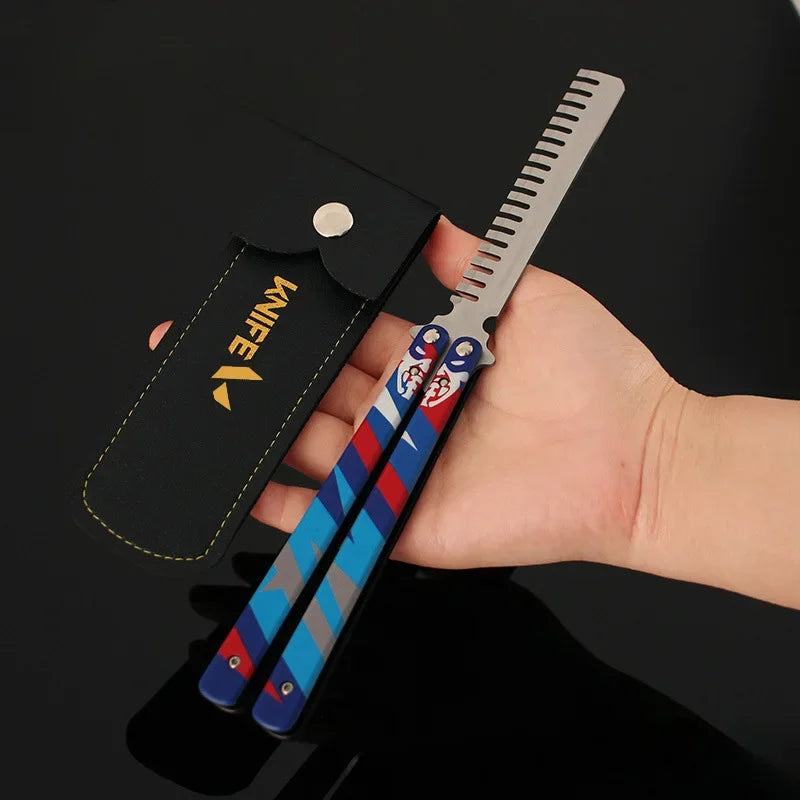 Hand-held blue/red patterned butterfly comb knife with comb teeth and black handle