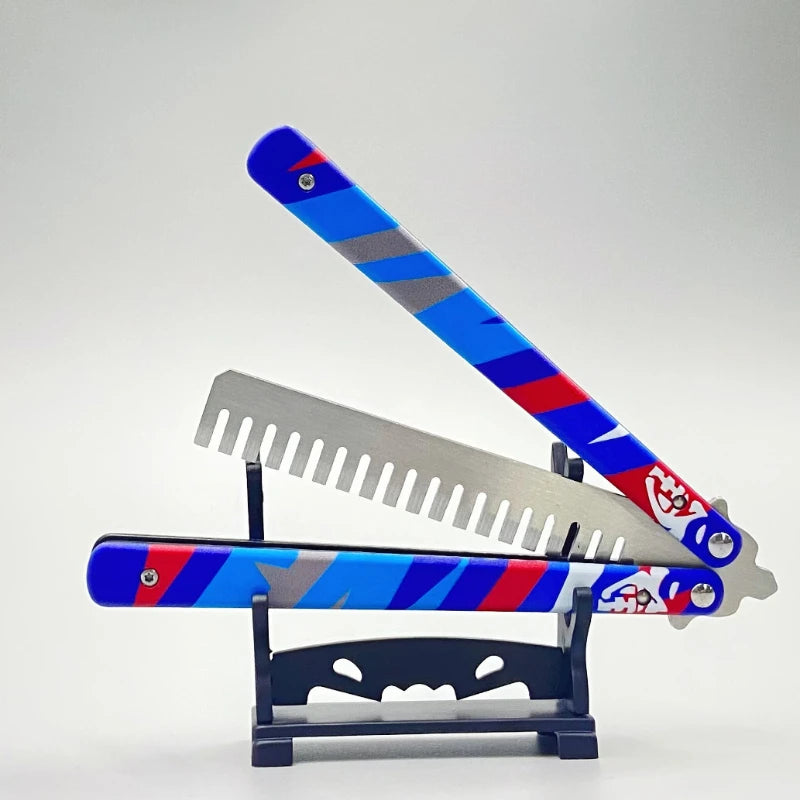 Butterfly knife comb with blue-red striped handles and open display stand