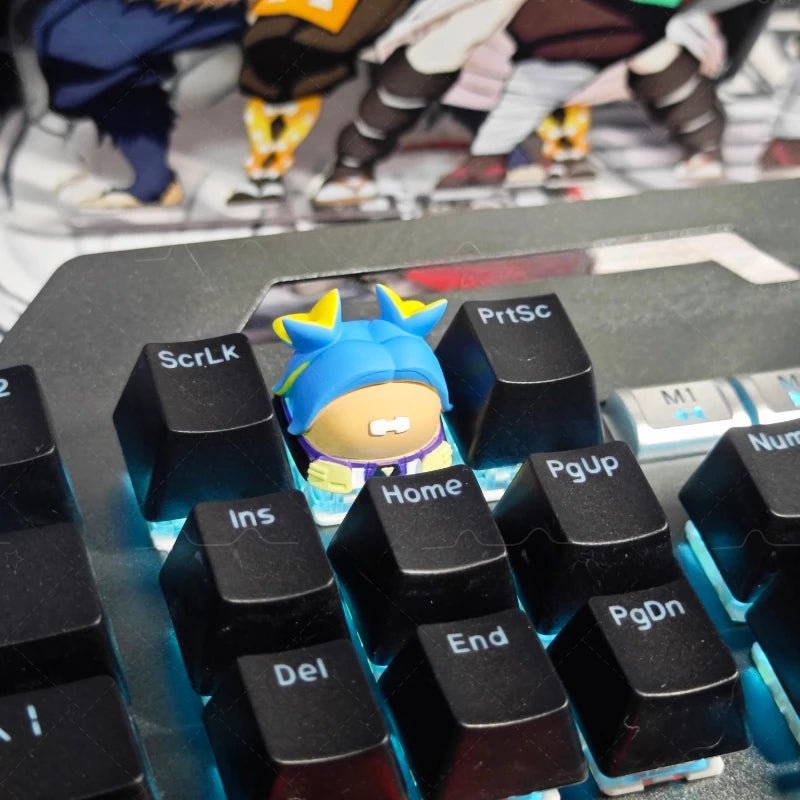 Gaming keyboard keycaps featuring a blue spiky custom key above Home on black key stems