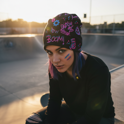 Black slouch beanie with purple graffiti-style cartoon print