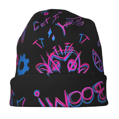 Black slouch beanie with vibrant graffiti print and ribbed folded cuff