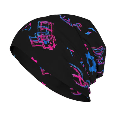 Black slouch beanie with blue and pink graffiti icons on the top