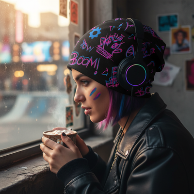 Black slouch beanie with purple graffiti print, worn with over-ear headphones