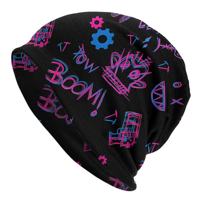 Black slouch beanie with bold pink and blue graffiti lettering print