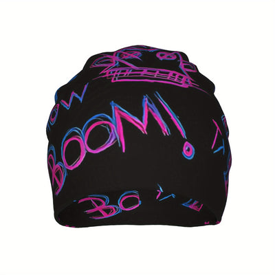 Black slouch beanie with graffiti-style text and symbols in pink and blue