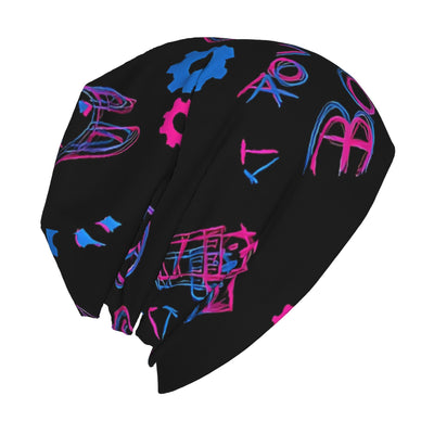 Black slouch beanie with colorful graffiti marks, angled view